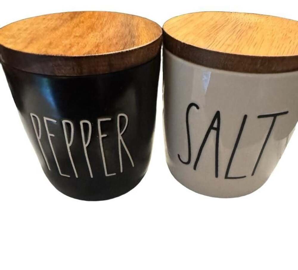 Rae Dunn Salt And Pepper Cellars Set Wood Lids